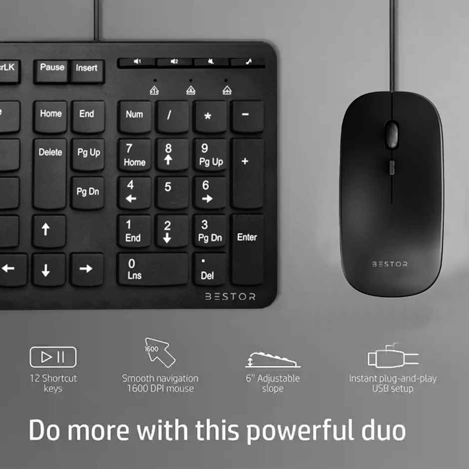 Bestor Wired Keyboard And Wired Mouse Combo, Full-Size Keyboard, 3 Button Mouse, Usb Plug-And-Play - Black