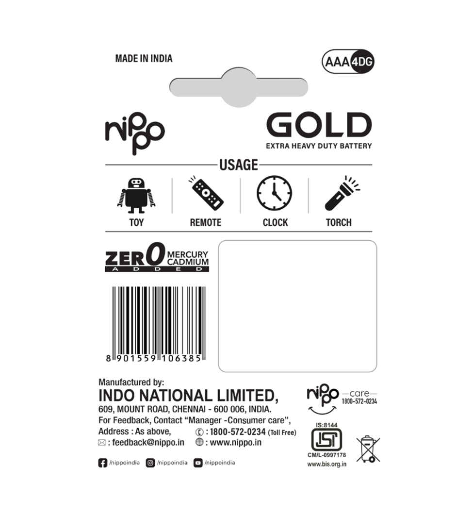 Nippo Gold Carbon Zinc AAA Batteries | Pack of 4