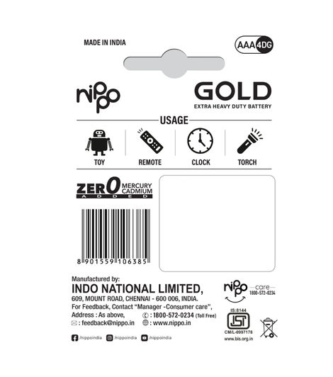 Nippo Gold Carbon Zinc AAA Batteries | Pack of 4