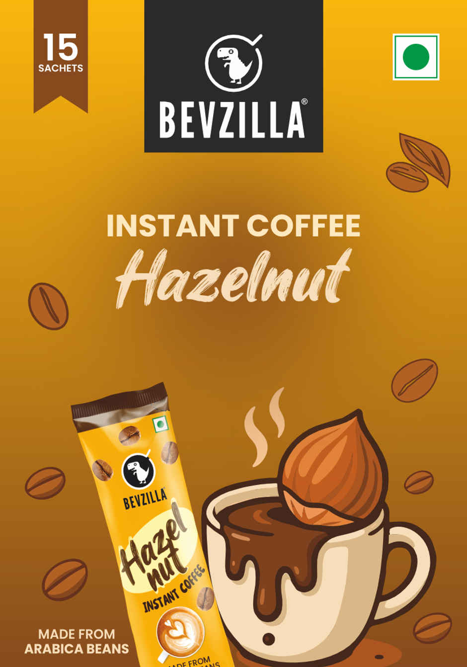 Bevzilla 15 Hazelnut Flavoured Instant Coffee Powder Sachets Combo
