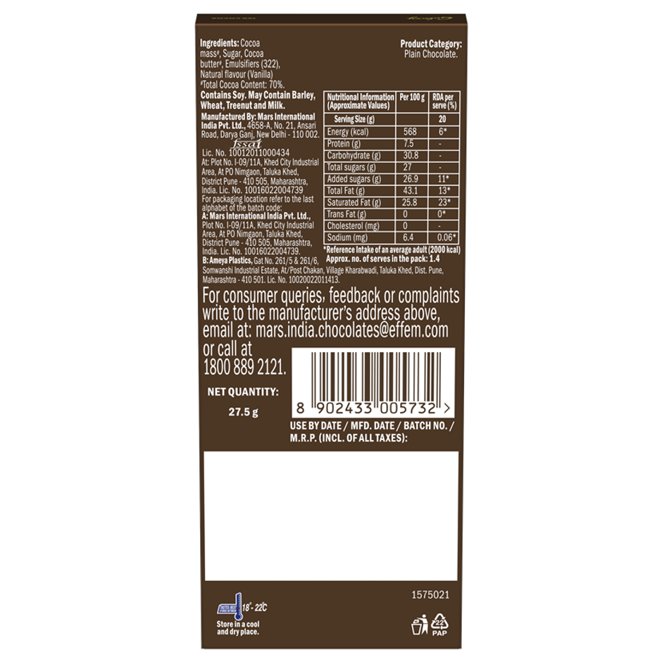 Galaxy Fusions Silky Smooth Dark Chocolate Bar, Made With 70% Cocoa(27.5gms) & Bella Vita Organic Unisex Luxury Perfume Gift Set(80ml) Combo