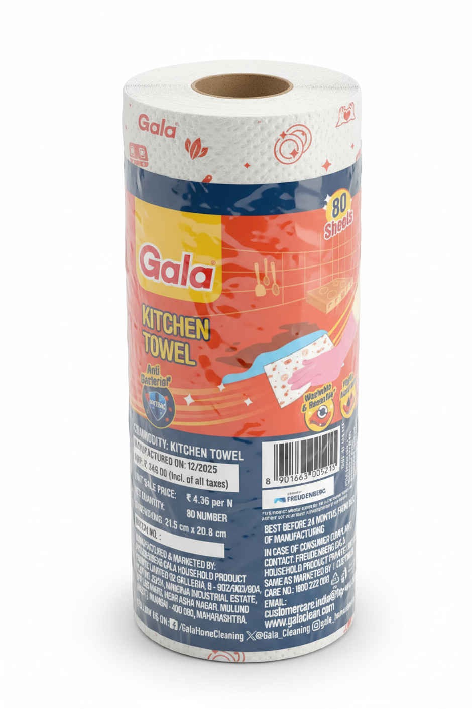 Gala Anti-Bacterial, Reusable Kitchen Towel Roll 80 Washable Wipes per Sheet