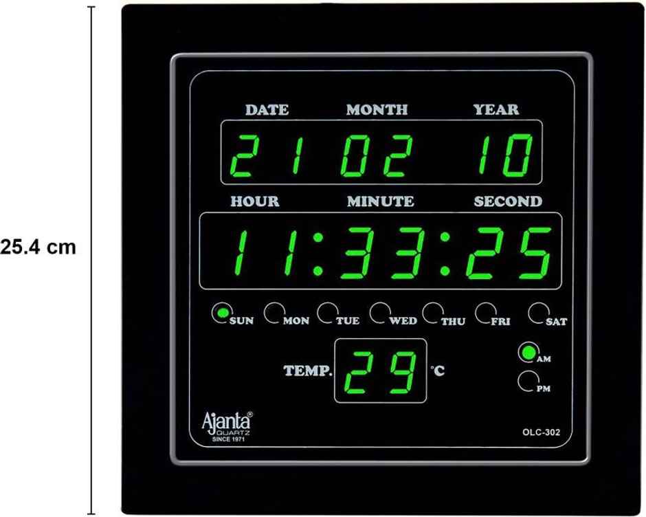 Ajanta Digital 25.4 cm x 25.4 cm Wall Clock | Green | Black | With Glass | Standard