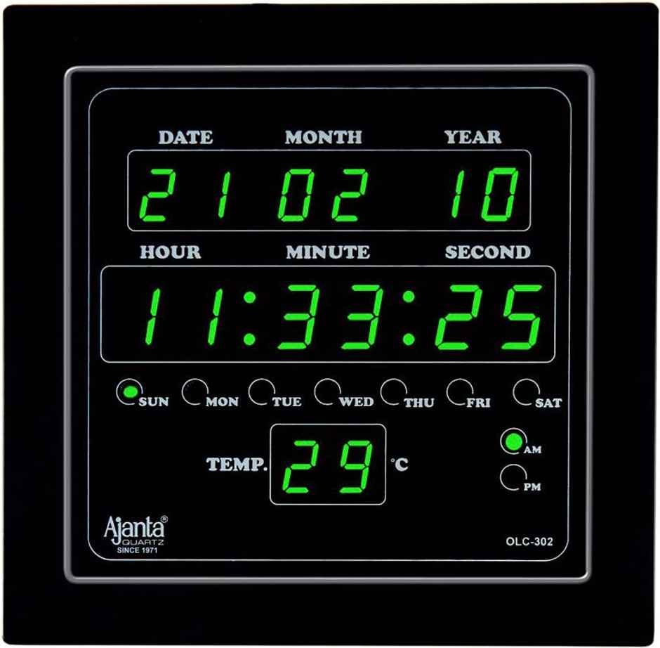 Ajanta Digital 25.4 cm x 25.4 cm Wall Clock | Green | Black | With Glass | Standard