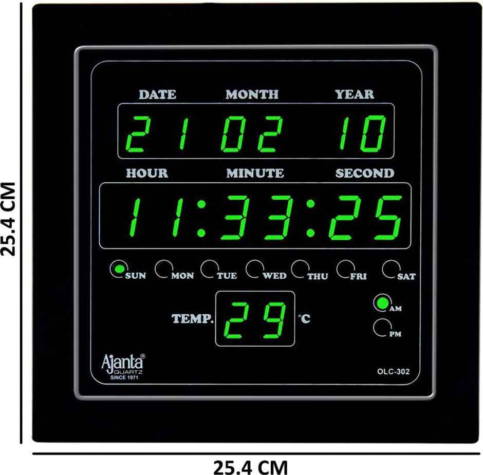 Ajanta Digital 25.4 cm x 25.4 cm Wall Clock | Green | Black | With Glass | Standard