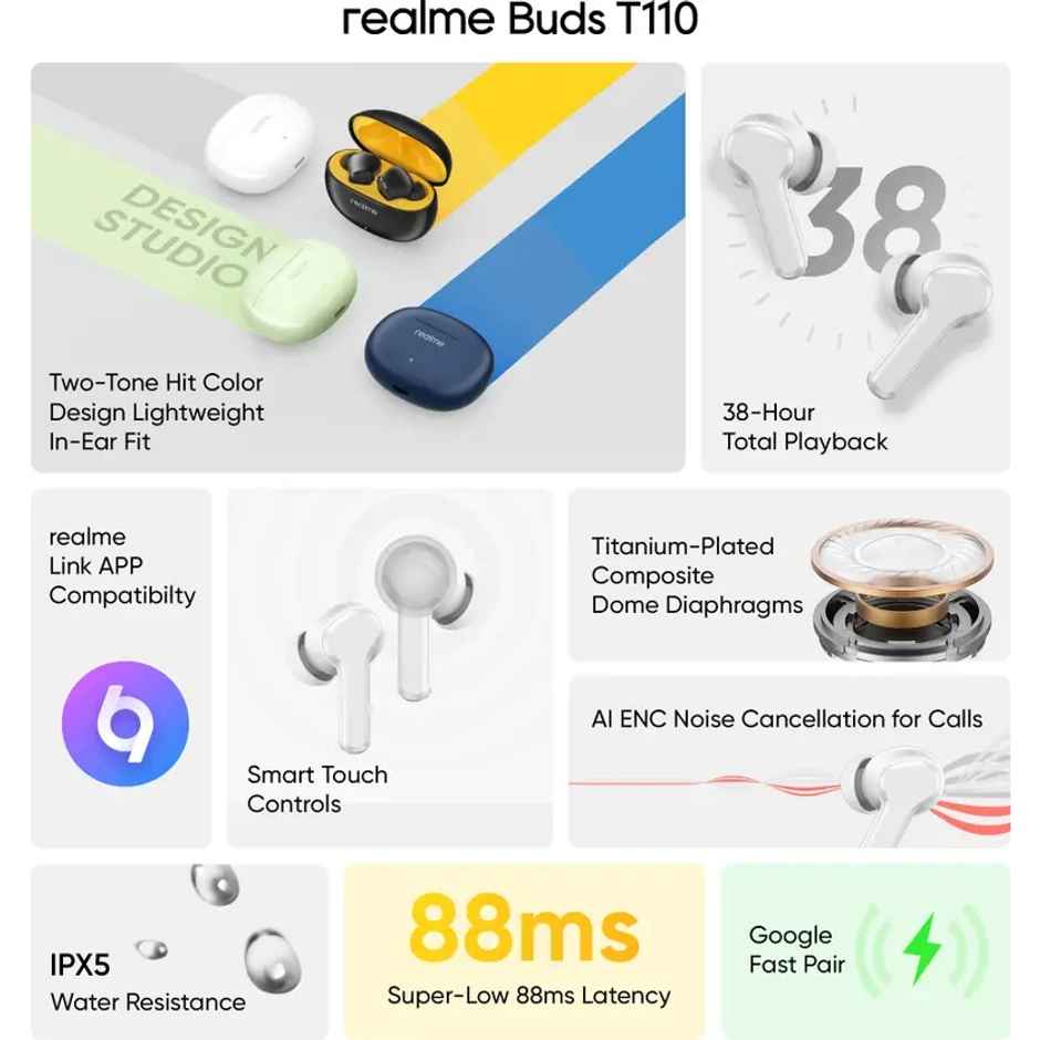 Realme Buds T110 With Ai Enc For Calls Fast Charging Bluetooth In Ear Earbuds ( White )