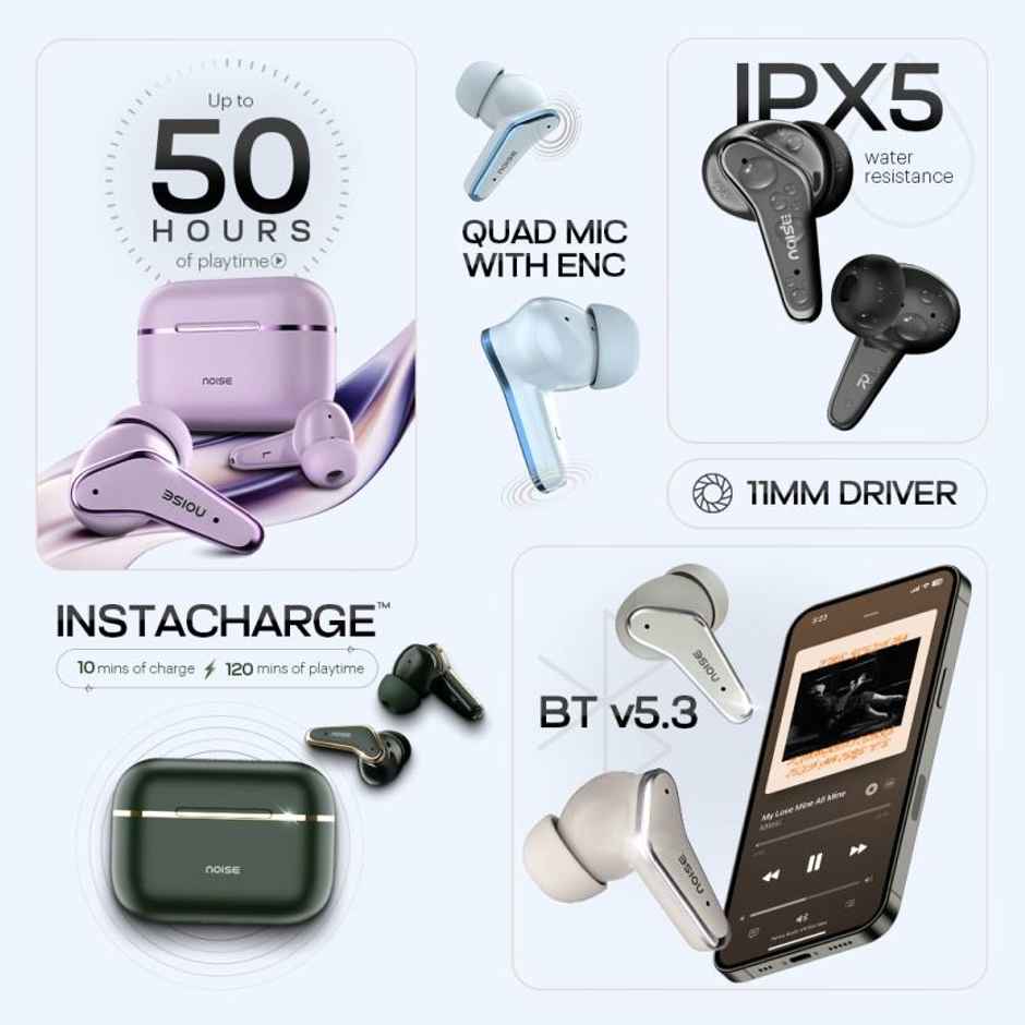 Noise Buds VS102 Elite with 50Hr Playtime, ENC, Quad Mic, Chrome finish Flybird Design Bluetooth - Carbon Black