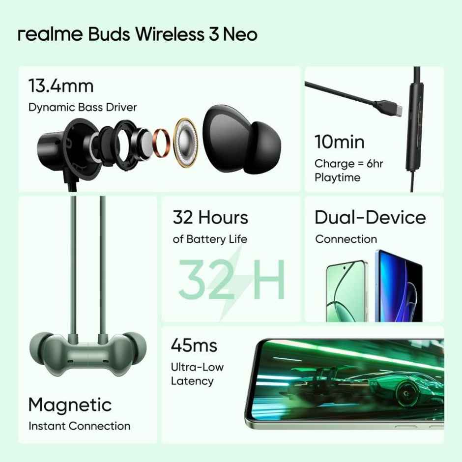 Realme Buds Wireless 3 Neo In Ear Bluetooth Neckband With 13.4 Mm Dynamic Bass Boost Driver - Green