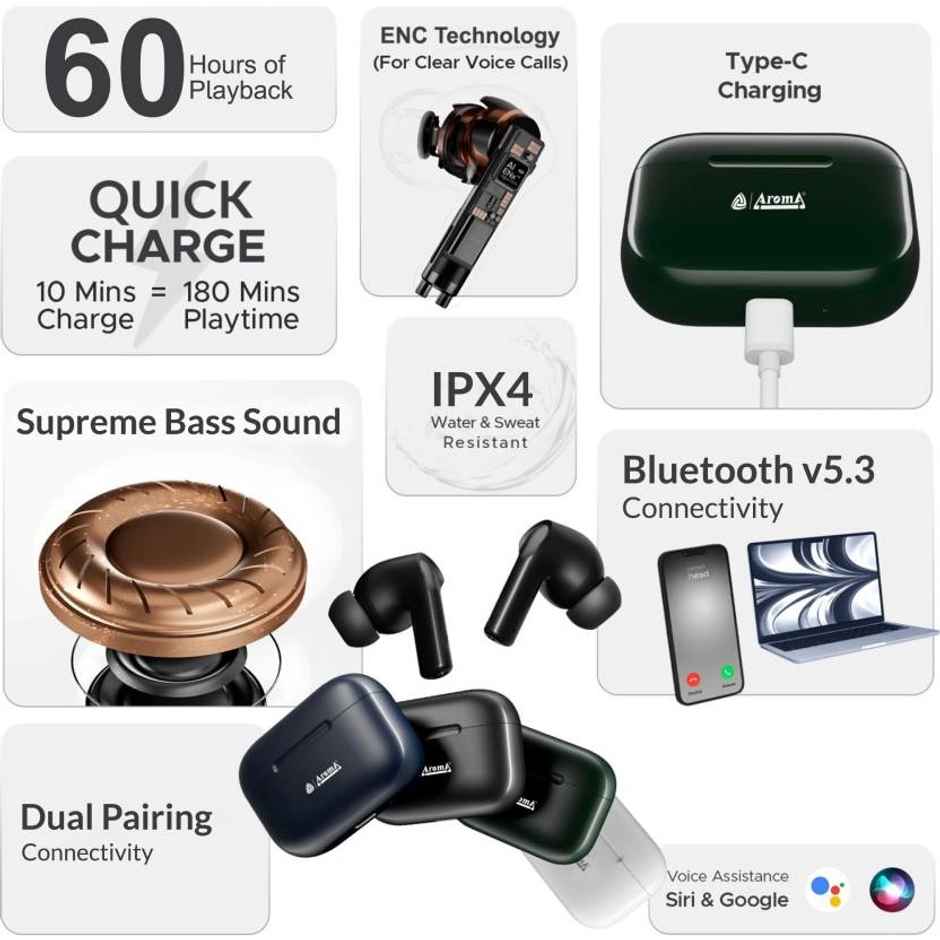 Aroma NB137 Dive - 60 Hours Playback | TWS | Fast Charing | Dual Device Compatible | Black