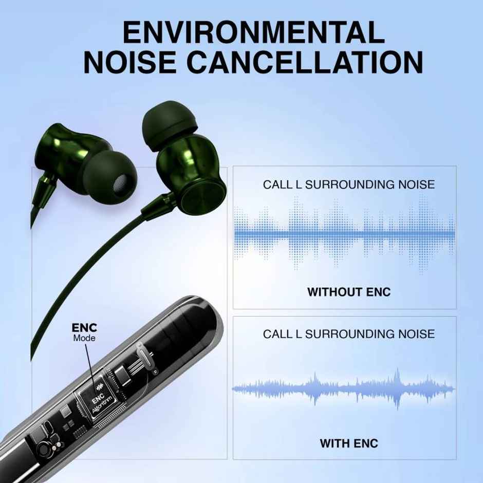 Aroma Nb124 Clock - 100 Hours Playback | Wireless Bluetooth Neckband | Fast Charging | Olive Green