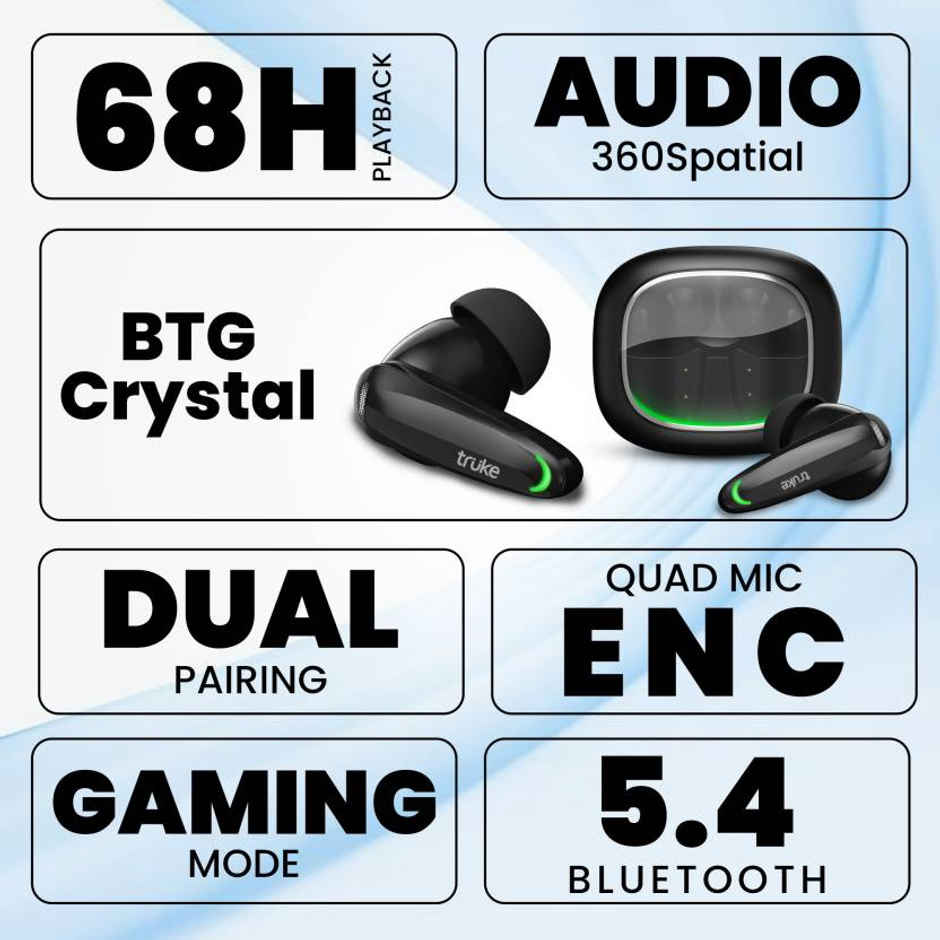 truke BTG Crystal True Wireless Bluetooth Earbuds with 68H Battery, Dual Pairing - PhantomBlack