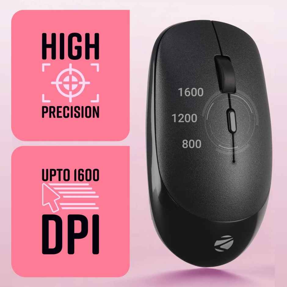 Zebronics Leopard Wireless Mouse, 2.4GHz, 1600 DPI, Silent Click, Mac, Laptop, Computer | Black