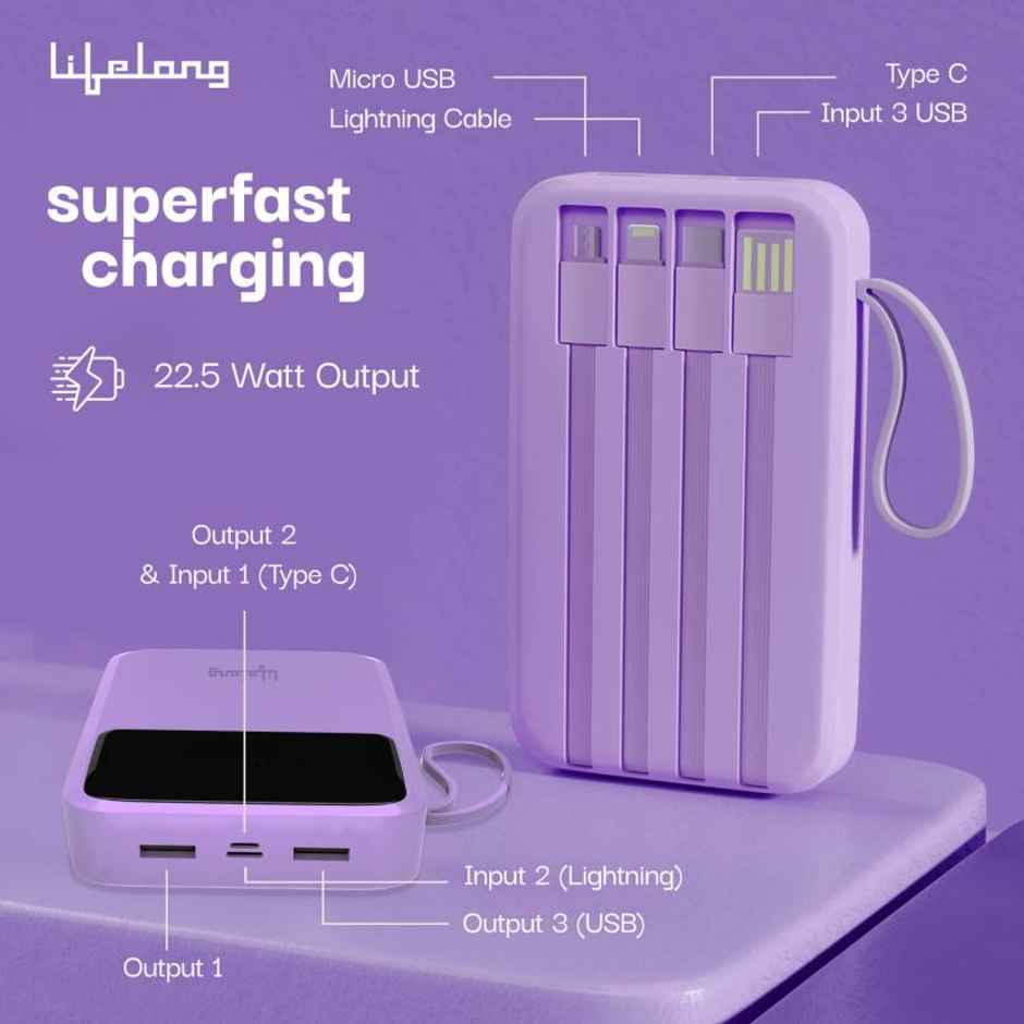 Lifelong Electronics 20000mAh 22.5W Fast Charging Power Bank | 3 Inputs (in-Built USB Cable + Lightning + Type-C Port) | 6 Outputs (3 in-Built Cables + 1 Type-C Port + 2 USB Ports) | QC 3.0 Powerbank - Purple