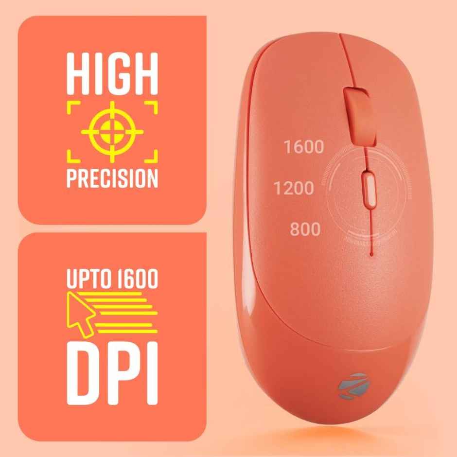 Zebronics Leopard Wireless Mouse, 2.4GHz, 1600 DPI, Silent Click, Mac, Laptop, Computer | Orange