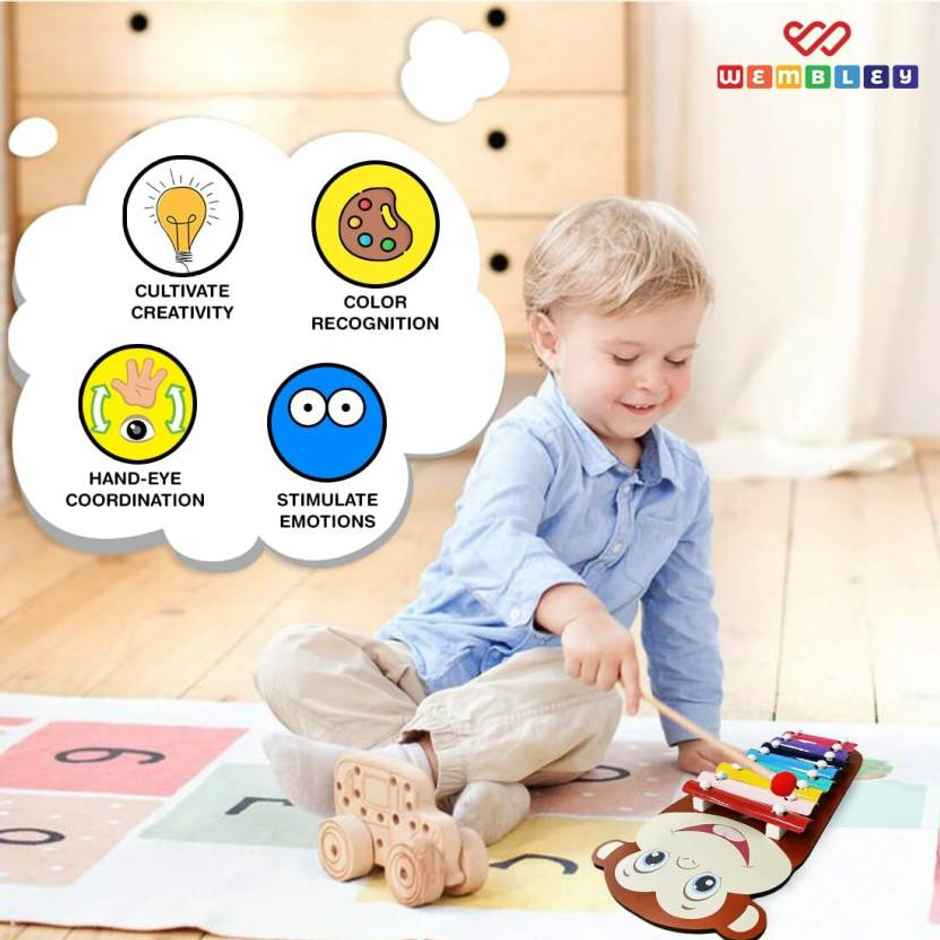 Wembley Wooden Xylophone For Kids Multicolored Key Keyboard Xylophone Piano With 2 Sticks - Monkey