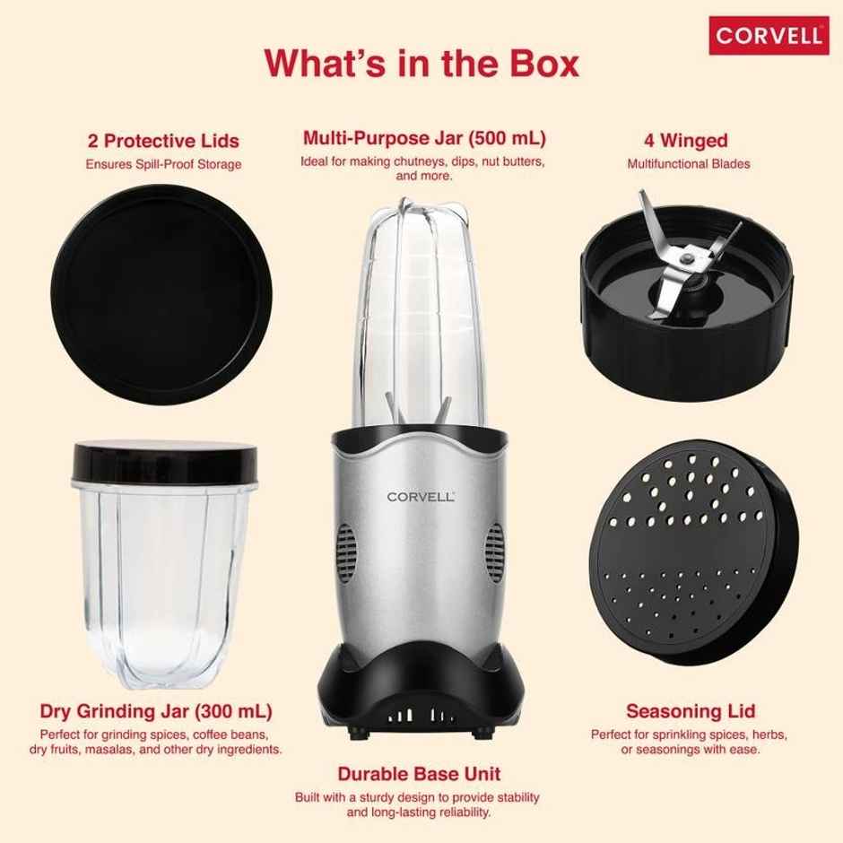 CORVELLL Nutrio Juicer Mixer Grinder - Premium Blender Smoothie Maker - 500 Watts | Silver