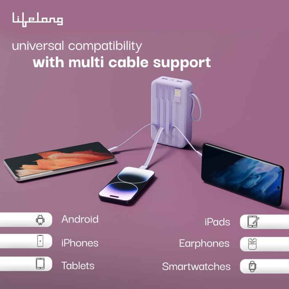 Lifelong Electronics 20000mAh 22.5W Fast Charging Power Bank | 3 Inputs (in-Built USB Cable + Lightning + Type-C Port) | 6 Outputs (3 in-Built Cables + 1 Type-C Port + 2 USB Ports) | QC 3.0 Powerbank - Purple
