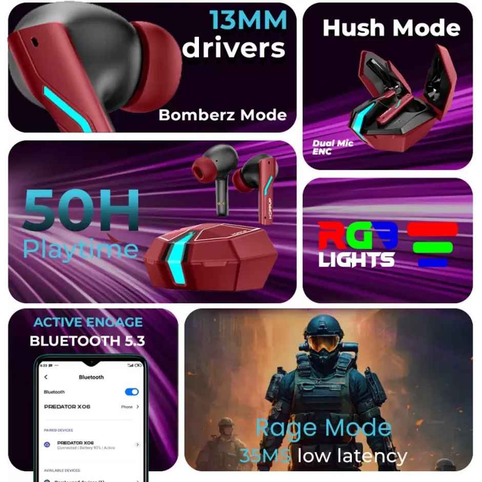 Hoppup Xo6 Gaming Earbuds With 35Ms Low Latency, RGB LED, 13Mm Drivers (Red, True Wireless)