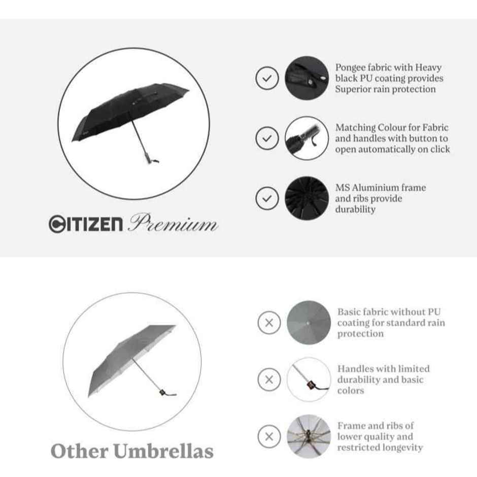 Citizen 3 Fold 23.5 Inch Black Auto Open Close Umbrella with Glass Handle