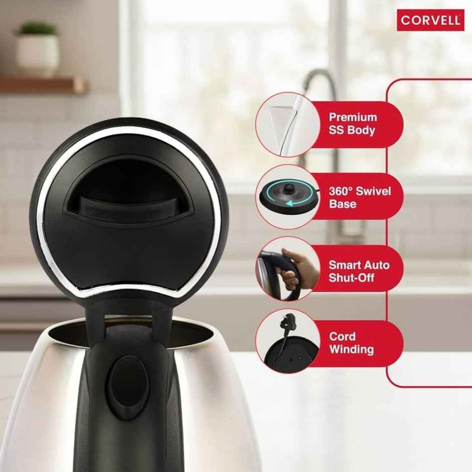 CORVELL Electric Kettle | 1500 W Stainless Steel Kettle for Home | Auto Shut-Off - 1.5 L