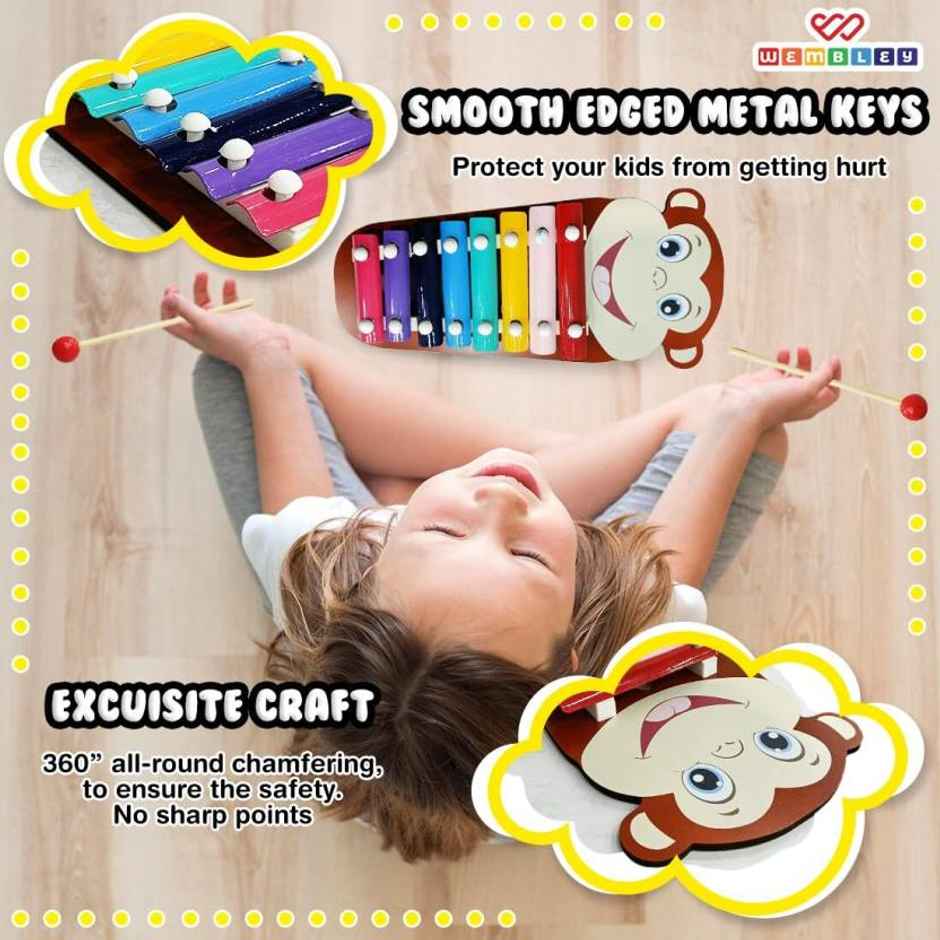 Wembley Wooden Xylophone For Kids Multicolored Key Keyboard Xylophone Piano With 2 Sticks - Monkey