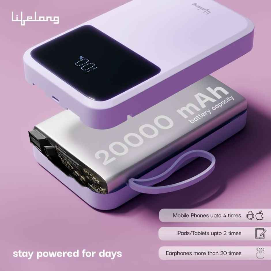 Lifelong Electronics 20000mAh 22.5W Fast Charging Power Bank | 3 Inputs (in-Built USB Cable + Lightning + Type-C Port) | 6 Outputs (3 in-Built Cables + 1 Type-C Port + 2 USB Ports) | QC 3.0 Powerbank - Purple
