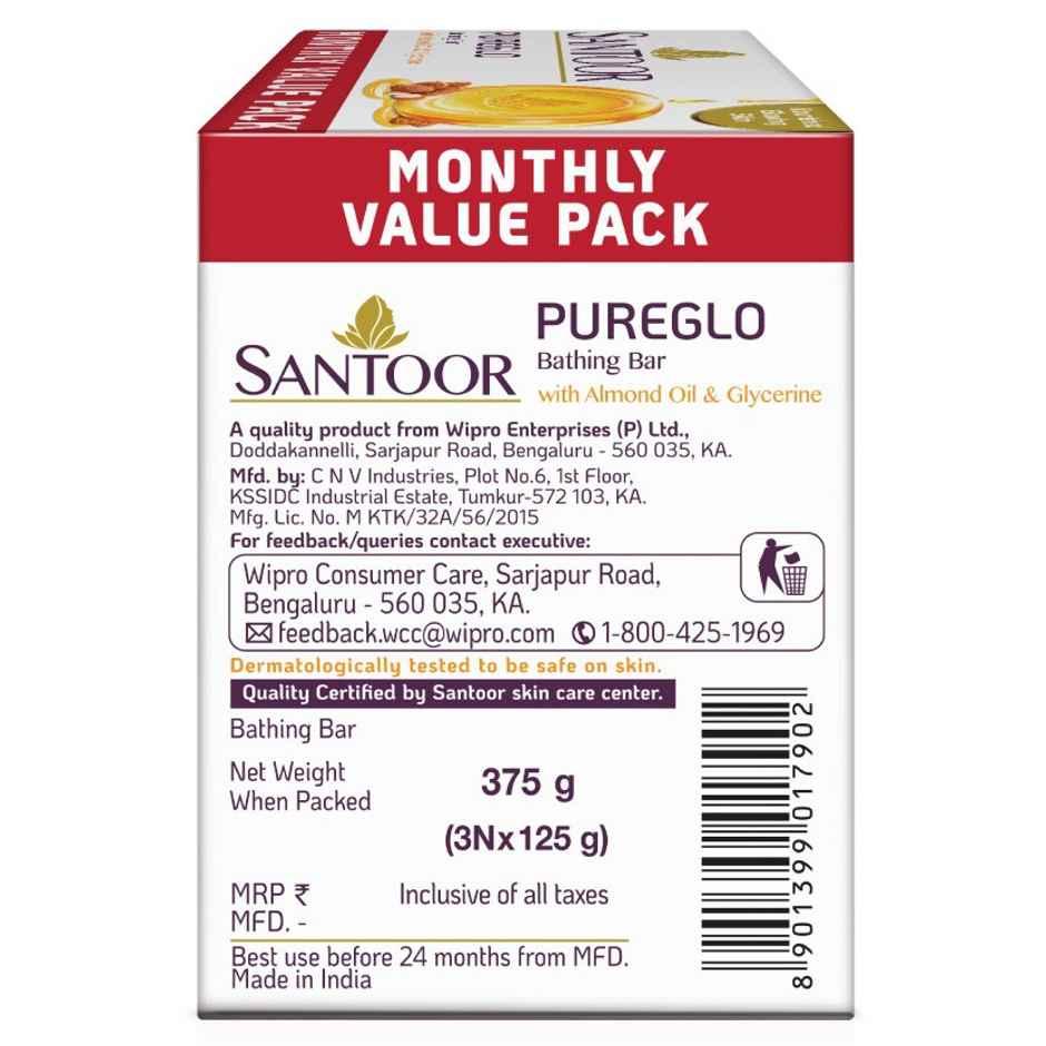Santoor PureGlo Glycerine Bathing Bar Soap With Almond Oil for Nourished and Glowing Skin