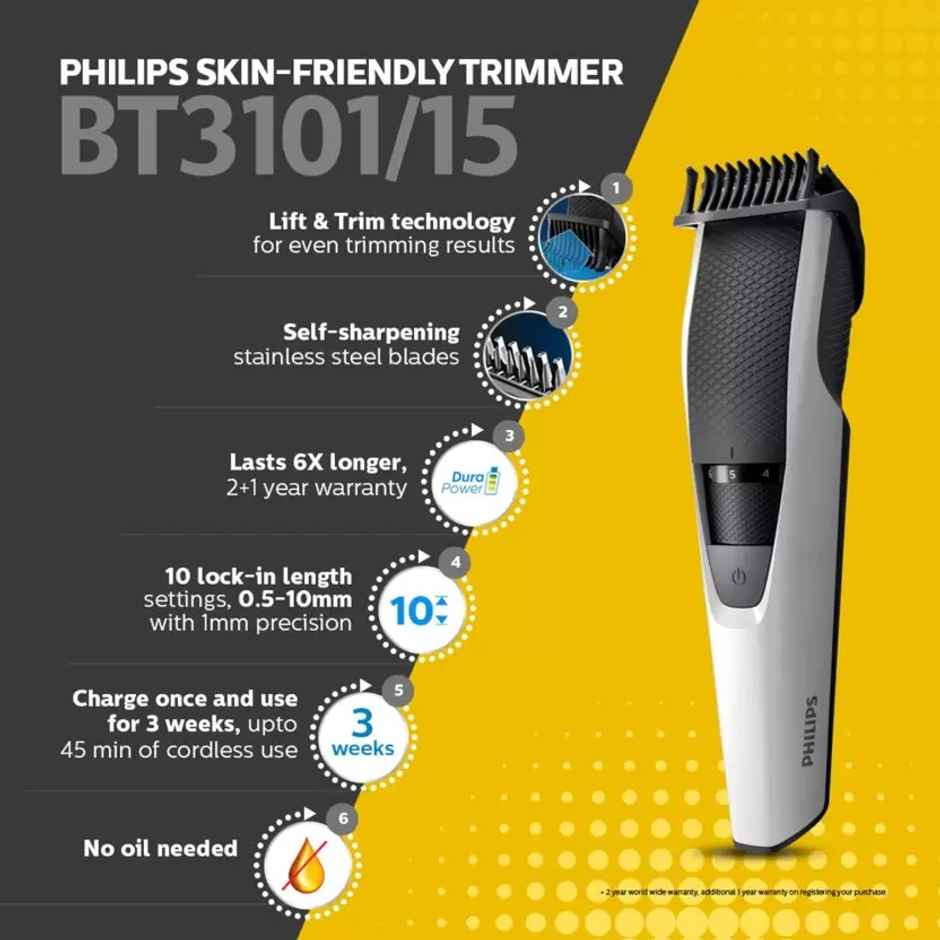 Philips Skin Friendly Cordless Beard & Moustache Trimmer for Men | 10 Length Settings | BT3101/15