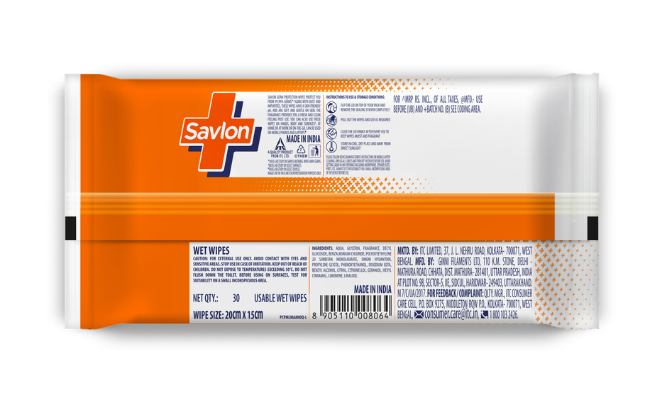 Savlon Germ Protection Multipurpose Wet Wipes with Fliptop Lid | 30 Pulls Per Pack