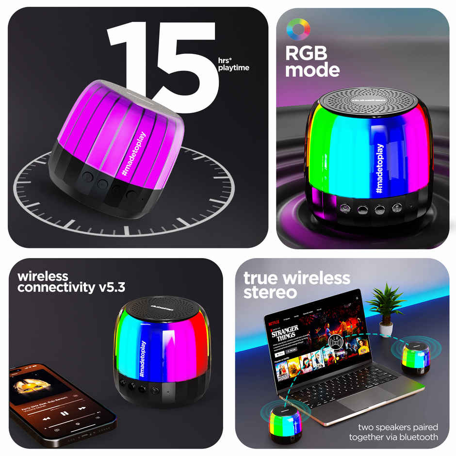 Dubstep Pop 650 Wireless Speaker With 15 Hrs Playtime | Multiple RGB Lights | 6 W Output - Black
