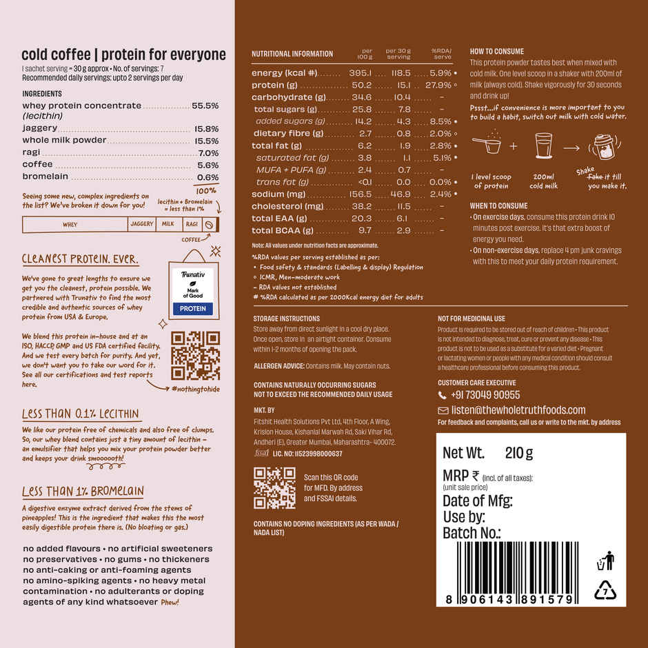 The Whole Truth Protein Powder Sampler Pack, Cold Coffee 15g Protein Per 7 Sachets Easy to Digest