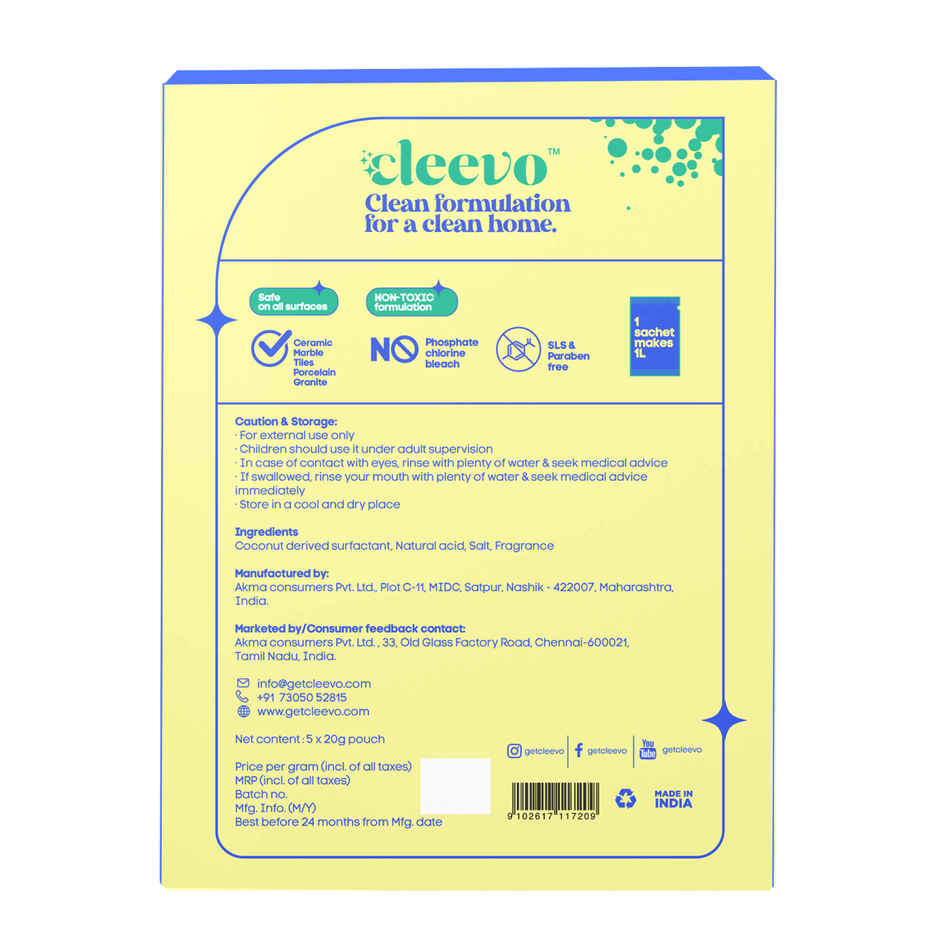 Cleevo Natural Glass Cleaner & Appliance Cleaner Spray Pack Powder To Liquid (1l) & Cleevo Natural Floor Cleaner Refill Pack Non-Toxic Eco-Friendly Powder To Liquid Lemon (5l) Combo