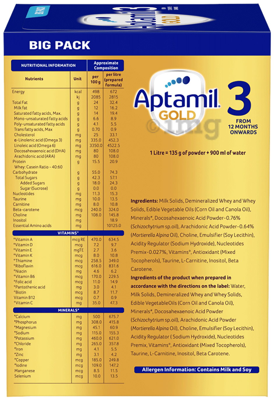 Aptamil Gold Infant Formula Milk Powder For Babies - Stage 3 | 12-24 Months | 1.2 Kgs - Large Pack