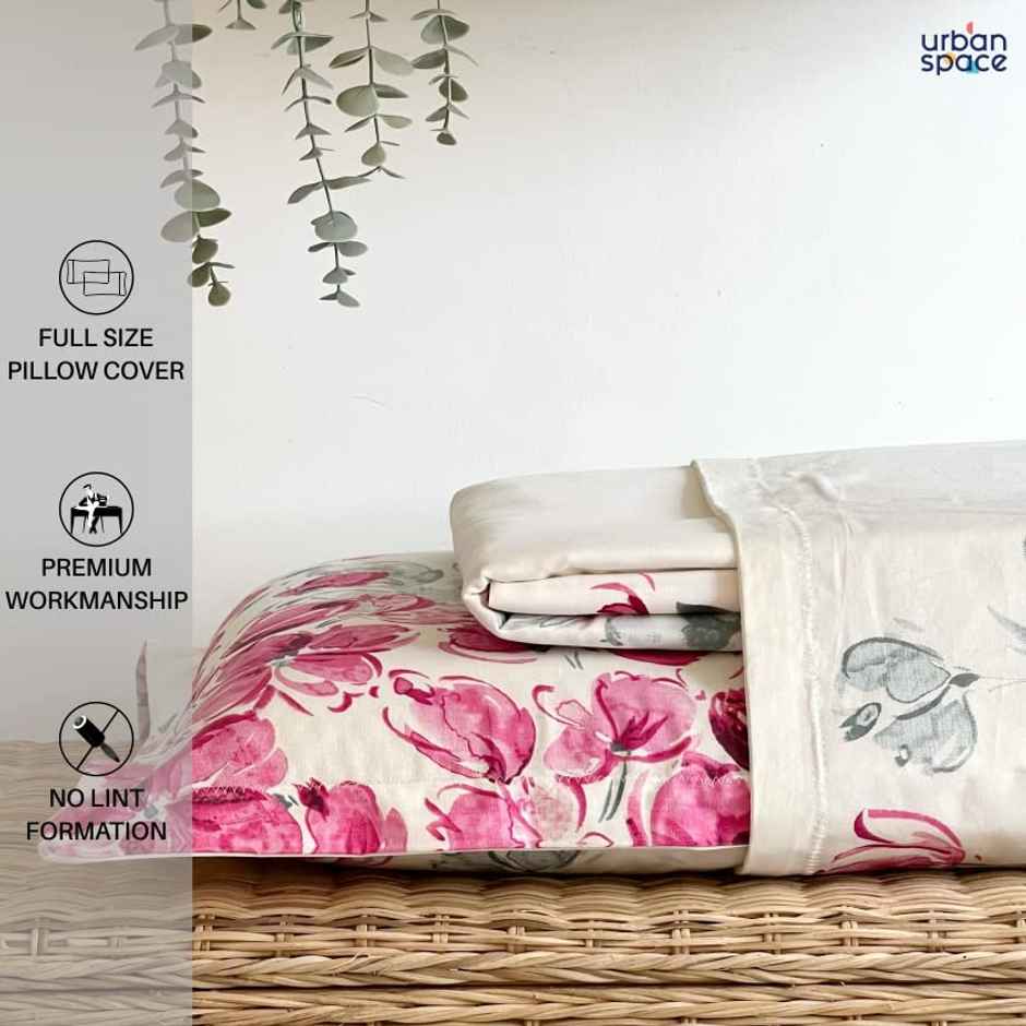 Urban Space 200 TC 100% Cotton Single Floral Bedsheet with 1 Pillow Cover | Pink | 90 x 58 in