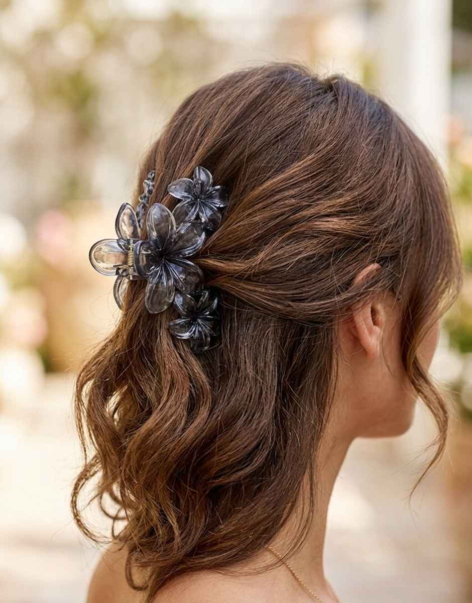 Flower Claw Clip Translucent Medium for Girls and Women - Brown and Grey