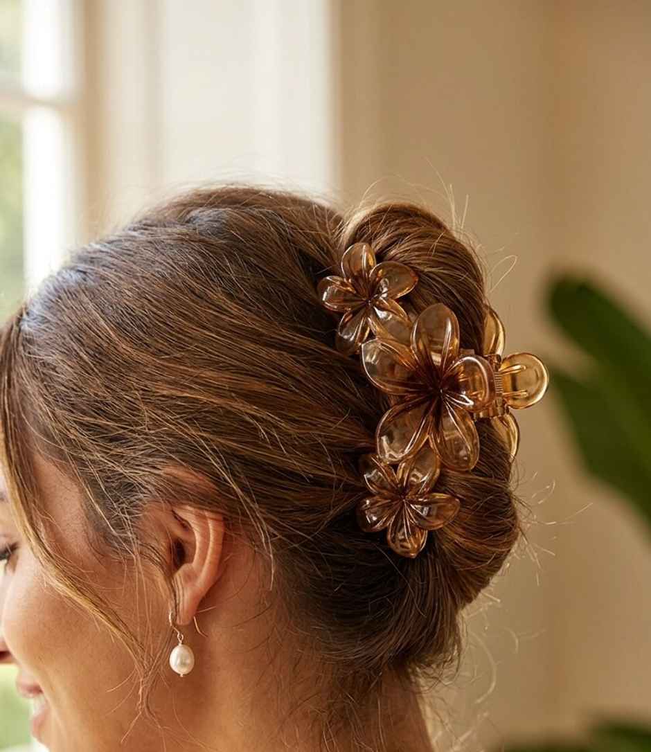 Flower Claw Clip Translucent Medium for Girls and Women - Brown and Grey