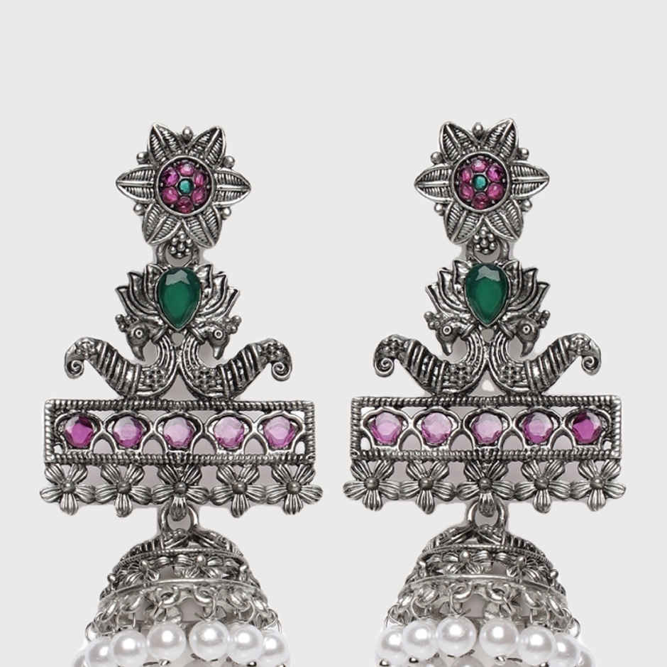 Aatmana Pink & Green Oxidised Silver-Plated German Silver Stone Studded & Beaded Jhumkas