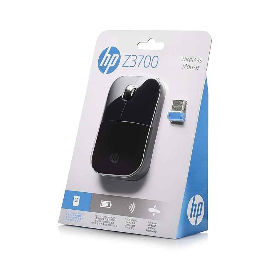 HP Z3700 Wireless Optical Mouse with USB Receiver and 2.4GHz Wireless Connection/ 1200DPI / 16 Months Long Battery Life/Ambidextrous and Slim Design, 3 Years Warranty - Black