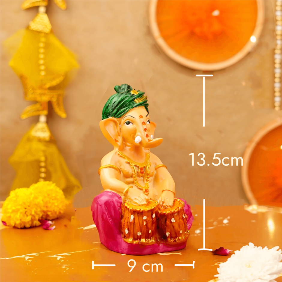 Green Pagdi Ganesha Playing Tabla | Resin Idol | 5 inch | ServDharm