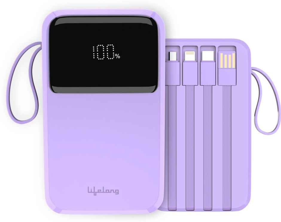 Lifelong Electronics 20000mAh 22.5W Fast Charging Power Bank | 3 Inputs (in-Built USB Cable + Lightning + Type-C Port) | 6 Outputs (3 in-Built Cables + 1 Type-C Port + 2 USB Ports) | QC 3.0 Powerbank - Purple