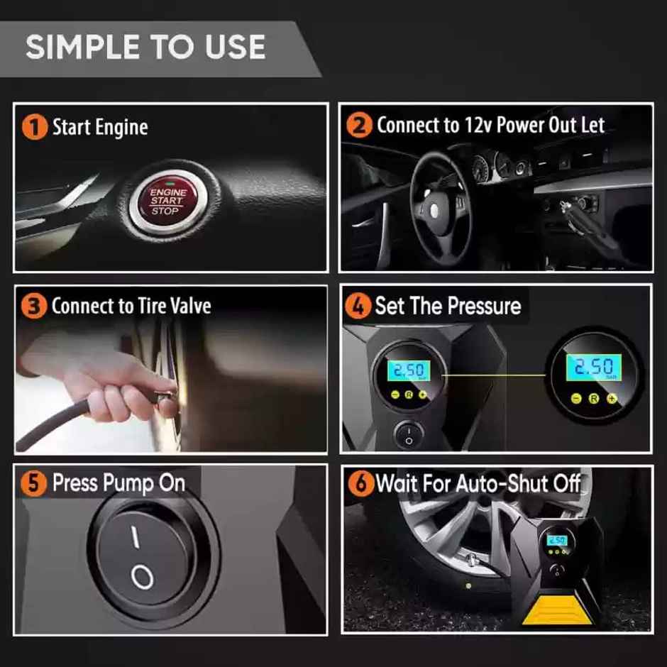 GoMechanic Digital Tyre Inflator For Car - 150 Psi, 12V Dc Portable Air Pump | Gusto T10