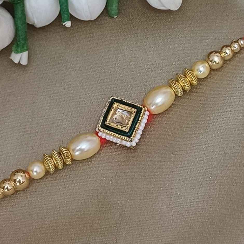 Gullak Rajasthani Square Pendant Kundan Motiwork Rakhi - Traditional and Ornate