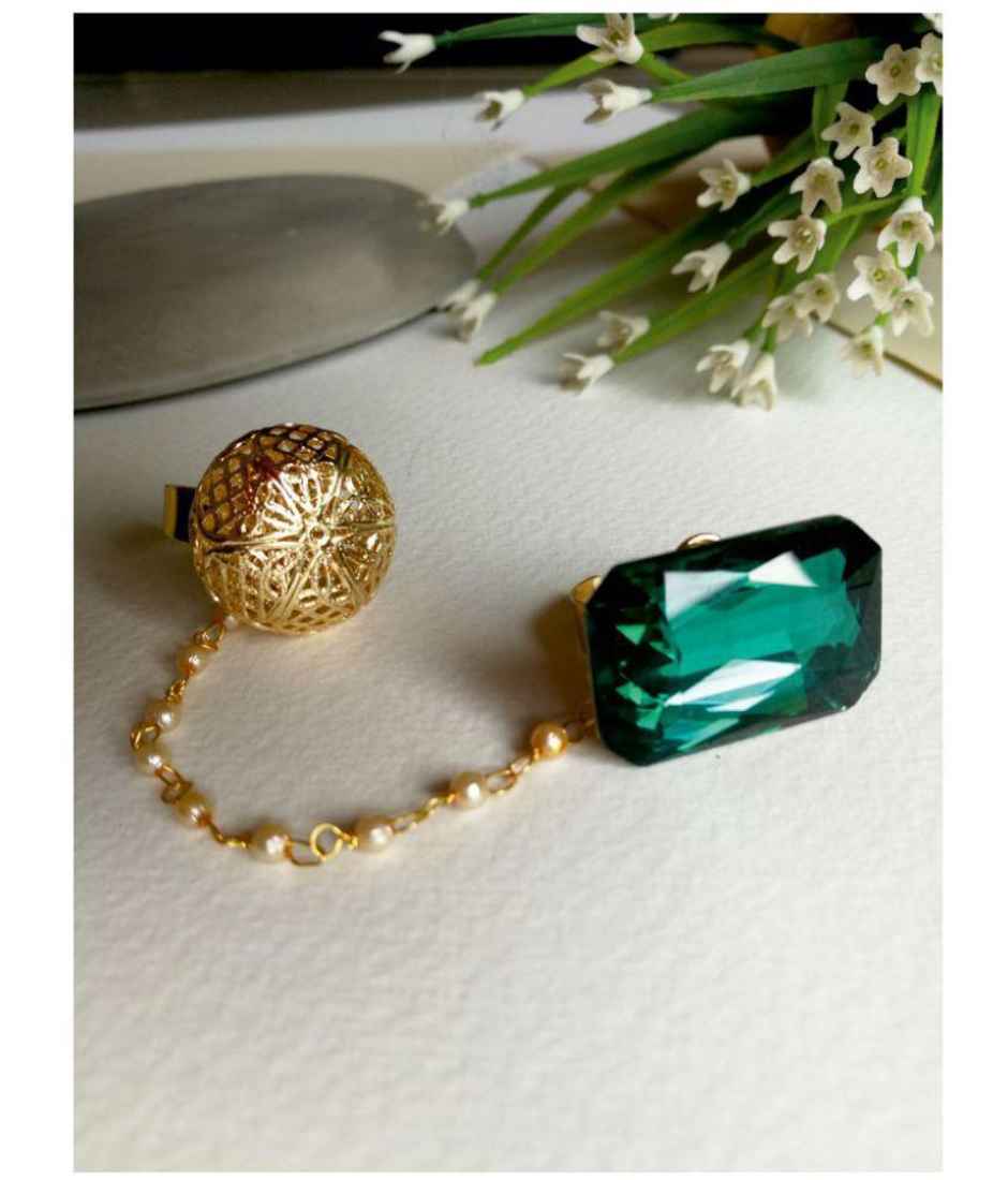 Priyaasi Gold-Toned And Green Stone-Studded Dual Finger Adjustable Finger Ring For Women And Girls