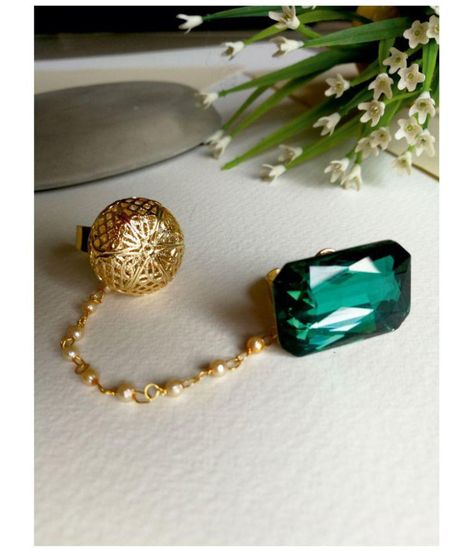 Priyaasi Gold-Toned And Green Stone-Studded Dual Finger Adjustable Finger Ring For Women And Girls