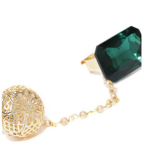 Priyaasi Gold-Toned And Green Stone-Studded Dual Finger Adjustable Finger Ring For Women And Girls