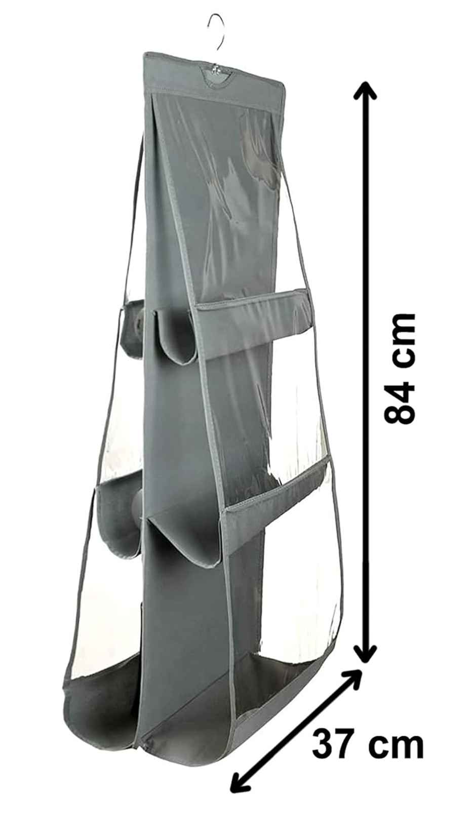 Kuber Industries Dustproof Hanging Handbag Organizer with 6 Compartments & Hanger (Grey | Cotton)