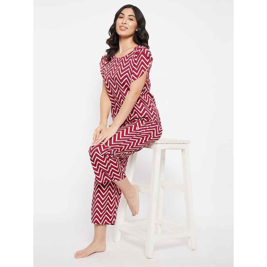 Clovia Women's Chevron Print Rayon Top & Pyjama Set | LS0534D04 | Red - XL