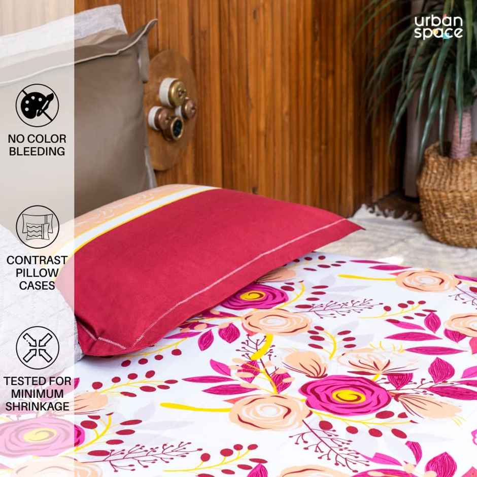 Urban Space Double 100% Cotton 144 TC Floral Bedsheet, 2 Pillow Covers | Earth Pink | 100 x 90 in