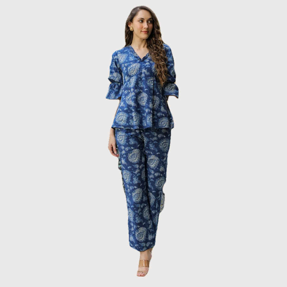 Jisora Women's Blue Cotton Co-ord Sets | L - CS2287