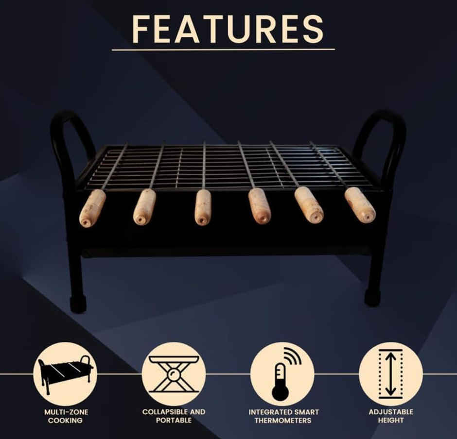 Peng Essentials Hexa BBQ Grill | Ideal for Home and Outdoor Use | Carbon Steel | 5 Skewers | Black